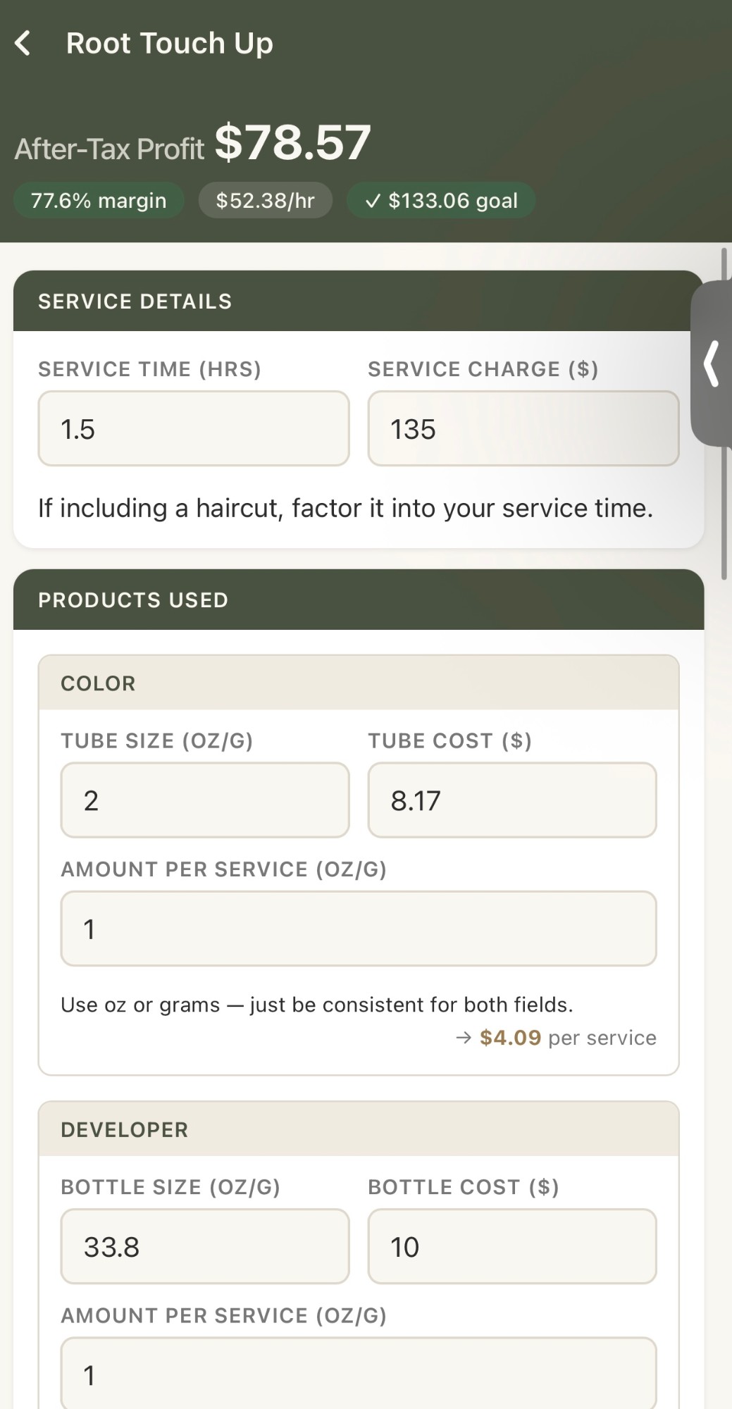 Enter your service costs